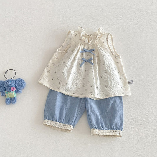 【BABY】夏新作小花柄ノースリーブトップス＆レース裾パンツSK104522