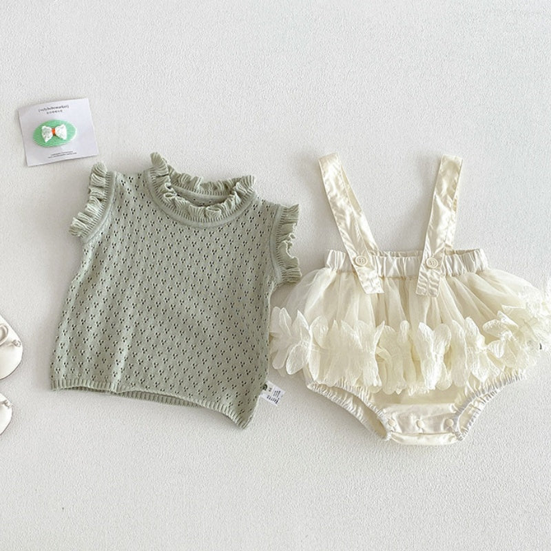 【BABY】夏新作チュールサロペットロンパース、透かし編みニットベストSK105306