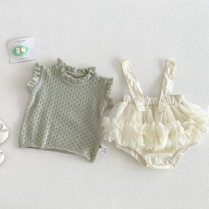 【BABY】夏新作チュールサロペットロンパース、透かし編みニットベストSK105306