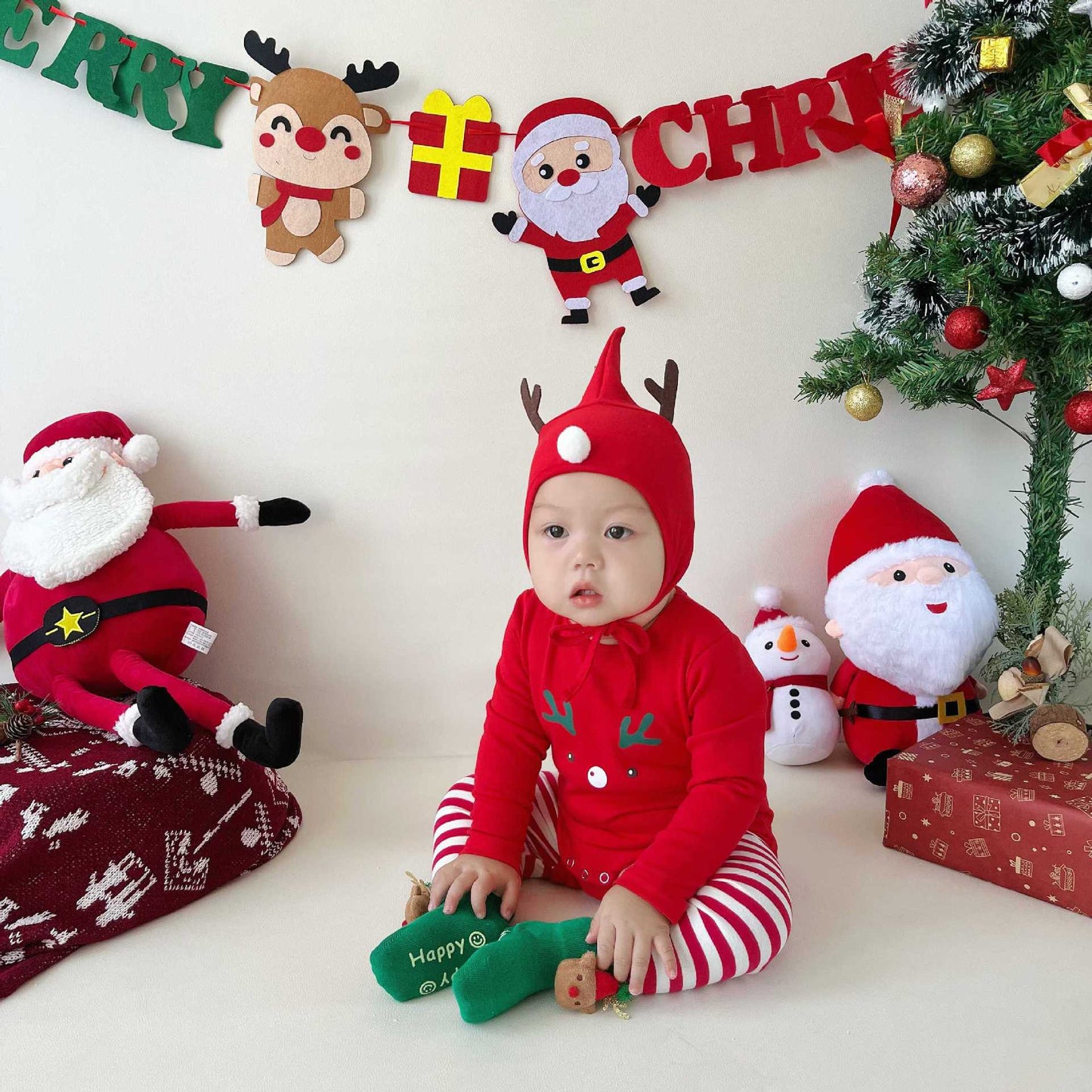 【BABY】トナカイ柄ロンパース、ボーダーレギンスセットSK102822