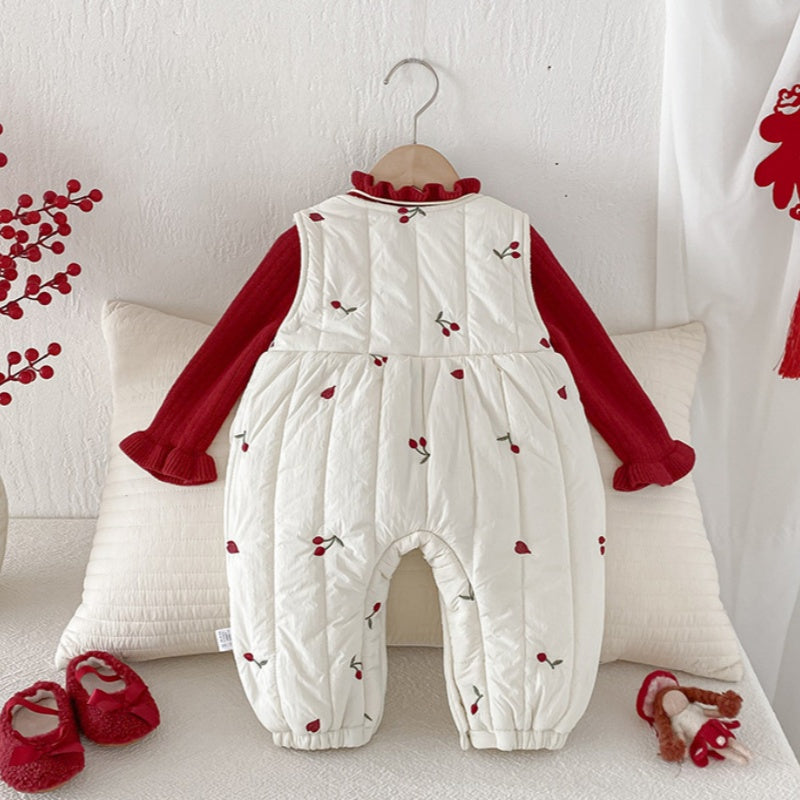 【BABY】冬新作チェリー刺繍キルティングカバーオールSK103109