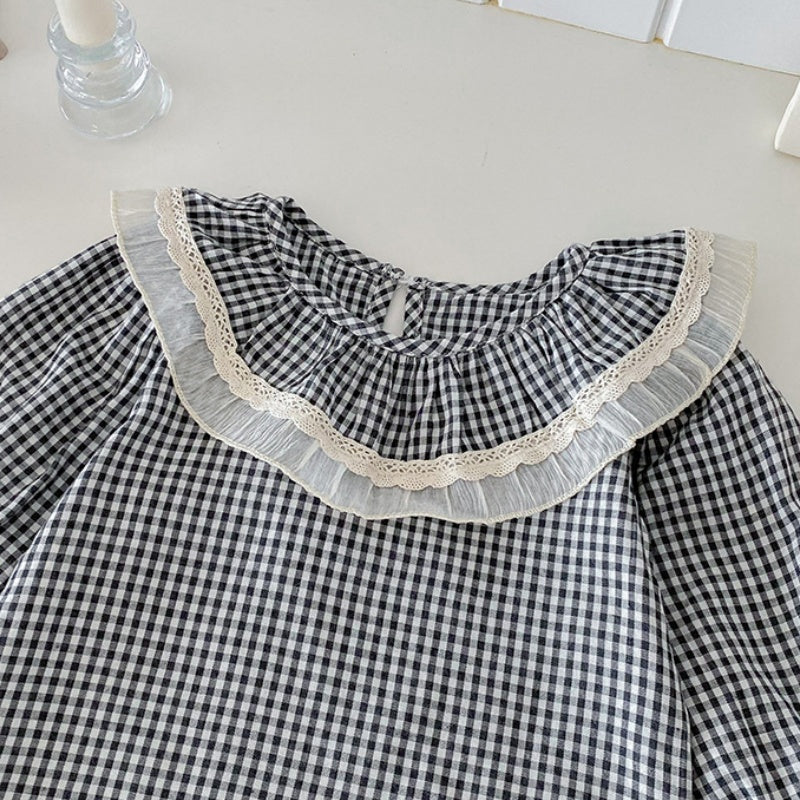 【BABY】チェックレースブラウス、ベージュワイドパンツSK101430