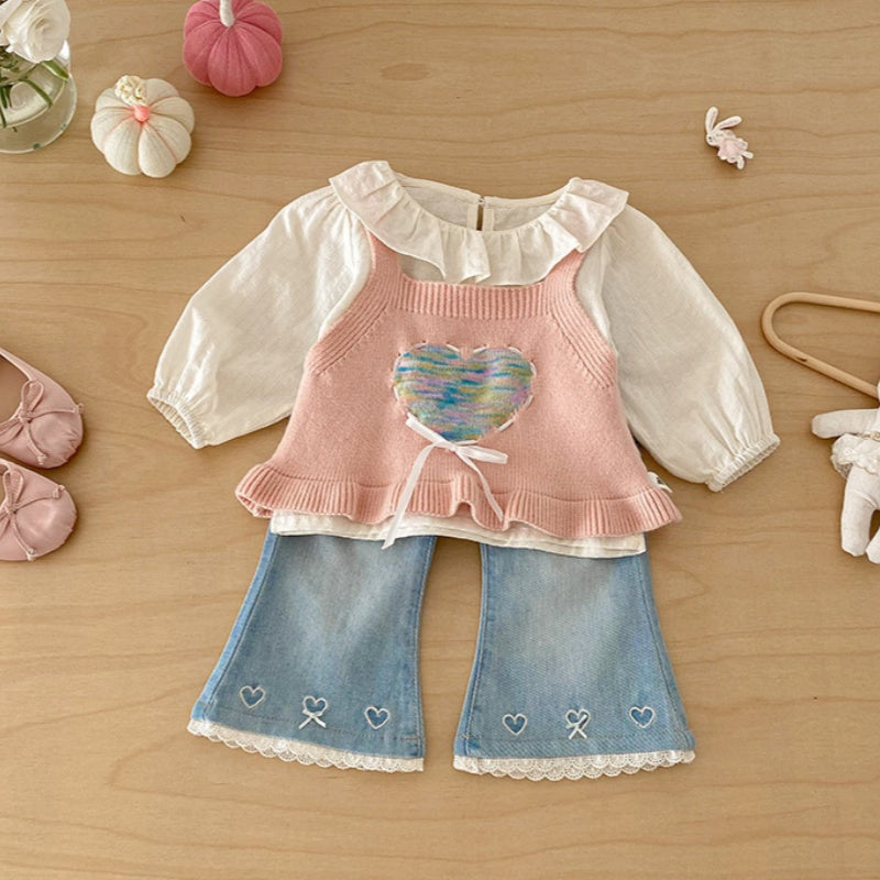【BABY】ハートニットベスト＆フリルシャツ、ハート刺繍デニムSK103713