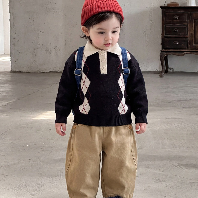 【BABY&KID】ダイヤ柄ニット、裏起毛ストレートパンツSK107019