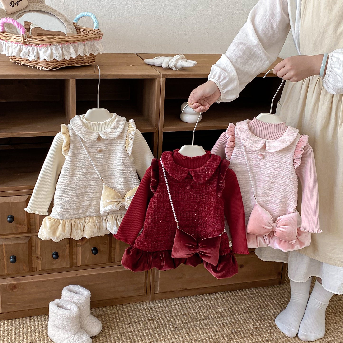 【BABY&KID】冬新作ツイード風お姫様ワンピース＆リボンアクセSK102733