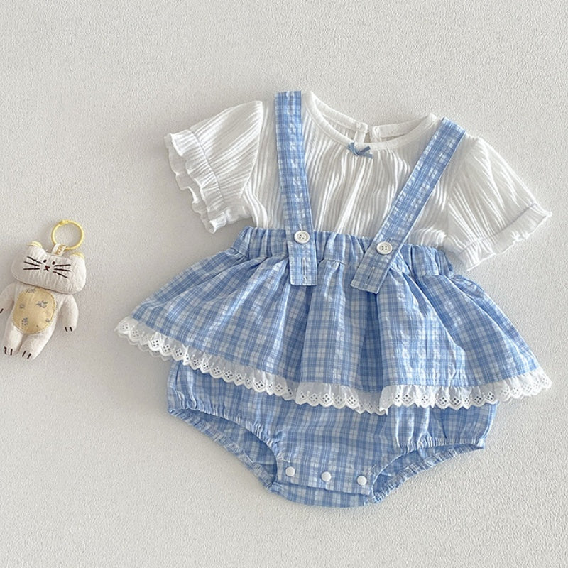 【BABY】夏新作格子柄サロペットロンパース＆リブTシャツSK104512