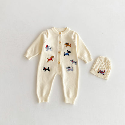 【BABY】ワンちゃん刺繍ニットカバーオール＆帽子SK092505
