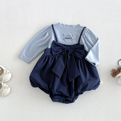 【BABY】蝶結びサロペットロンパース＆刺繍ロゴトップスSK106811
