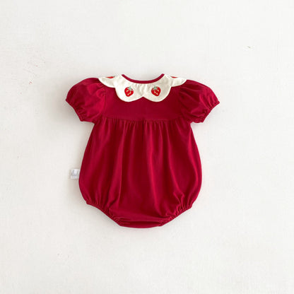 【BABY】夏新作 いちご刺繍パフスリーブロンパースSK092203