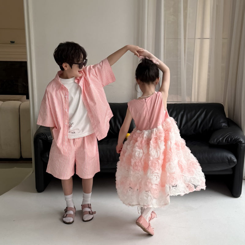 【BABY&KID】夏新作 ボーダーセットアップ、立体フラワーワンピースSK080520
