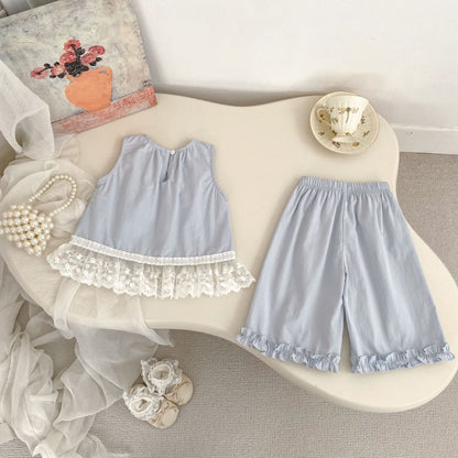 【BABY&KID】夏新作レース切替トップス＆フリルワイドパンツSK105510