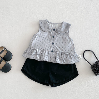 【BABY】夏新作ドットノースリーブシャツ、ブラックショートパンツSK104524