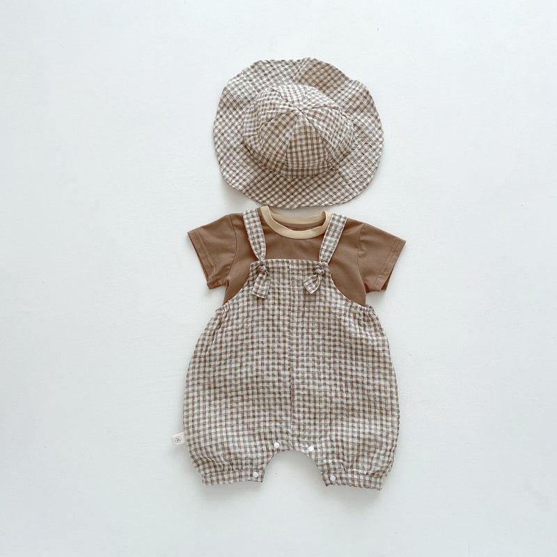 【BABY】夏新作 帽子付きチェックサロペット＆シャツ3点セットSK062602