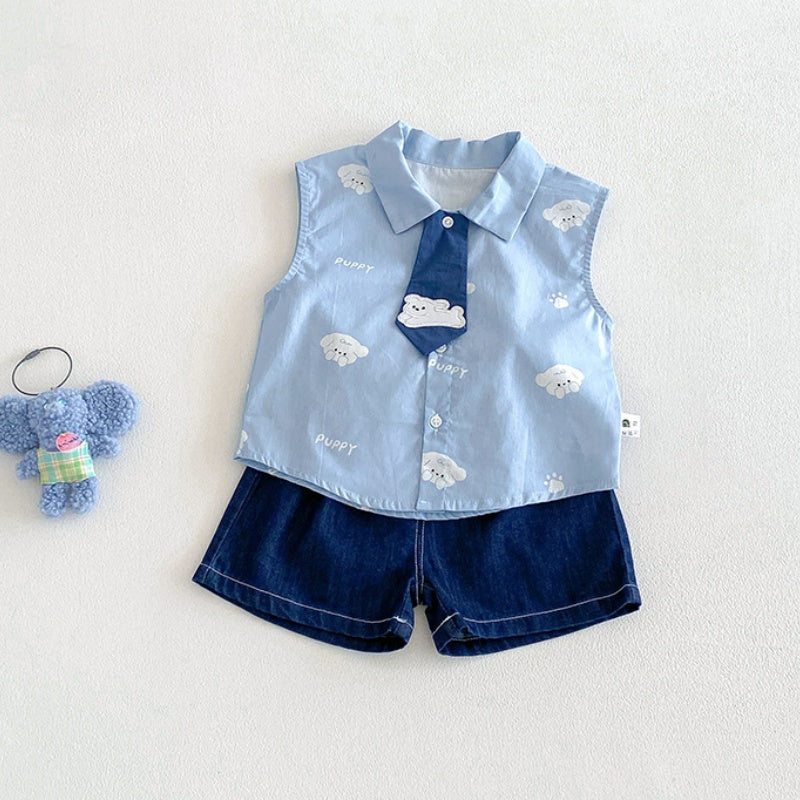 【BABY】夏新作いぬ刺繍ネクタイシャツ、デニムショートパンツSK104806