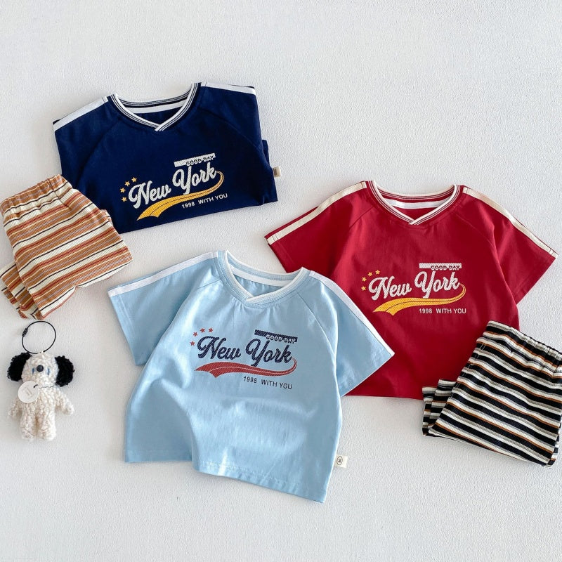 【BABY&KID】夏新作VネックロゴTシャツ、ボーダーショートパンツSK105515