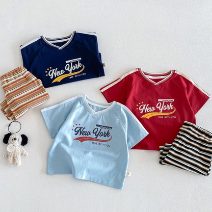 【BABY&KID】夏新作VネックロゴTシャツ、ボーダーショートパンツSK105515