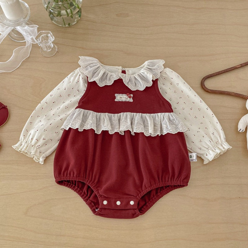【BABY】刺繍ロンパース&レース襟小花柄ガールズシャツ2点セットSK103404