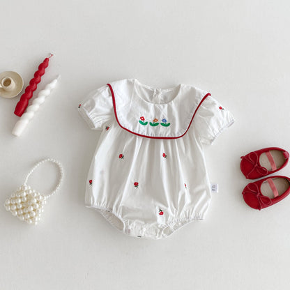 【BABY】夏新作 スクエアネック刺繍ロンパースSK091516