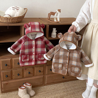 【BABY&KID】冬新作チェック柄フード付きモコモコアウターSK102523