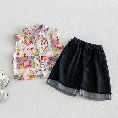 【BABY】夏新作カートゥーンノースリーブシャツ＆デニムパンツSK105313