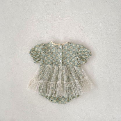 【BABY】夏新作 フラワー刺繡ワンピース風ロンパースSK063104