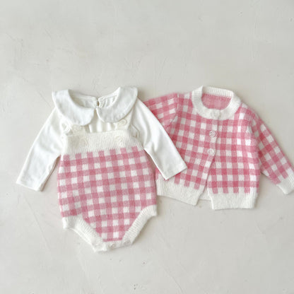 【BABY】チェックサロペットロンパース、カーディガンSK101535