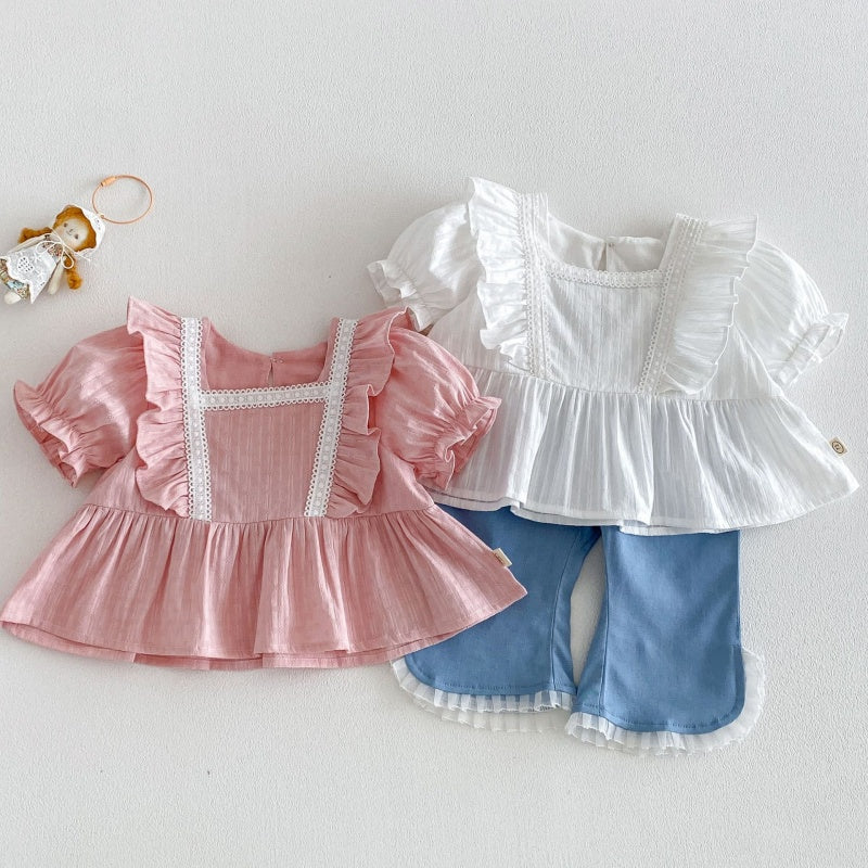 【BABY&KID】夏新作 フリルスリーブスクエアネックブラウス、デニムパンツSK105216