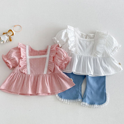 【BABY&KID】夏新作 フリルスリーブスクエアネックブラウス、デニムパンツSK105216