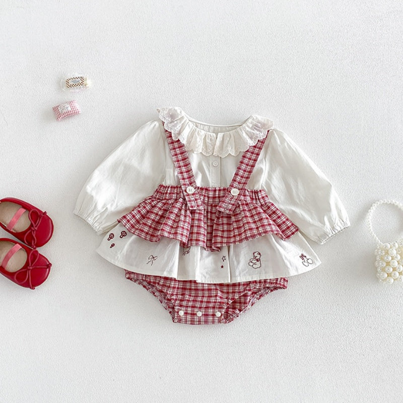 【BABY】チェックサロペットロンパース＆レース襟シャツSK106804