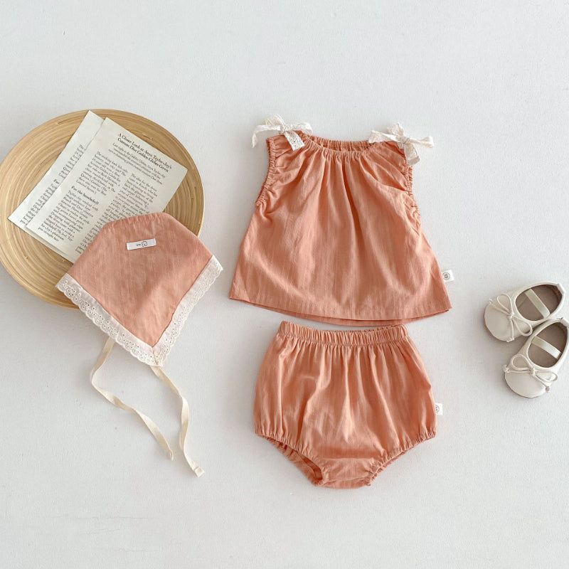【BABY】夏新作 蝶ネクタイキャミソールトップス＆ショートパンツ＆ヘッドスカーフの3点SK071903