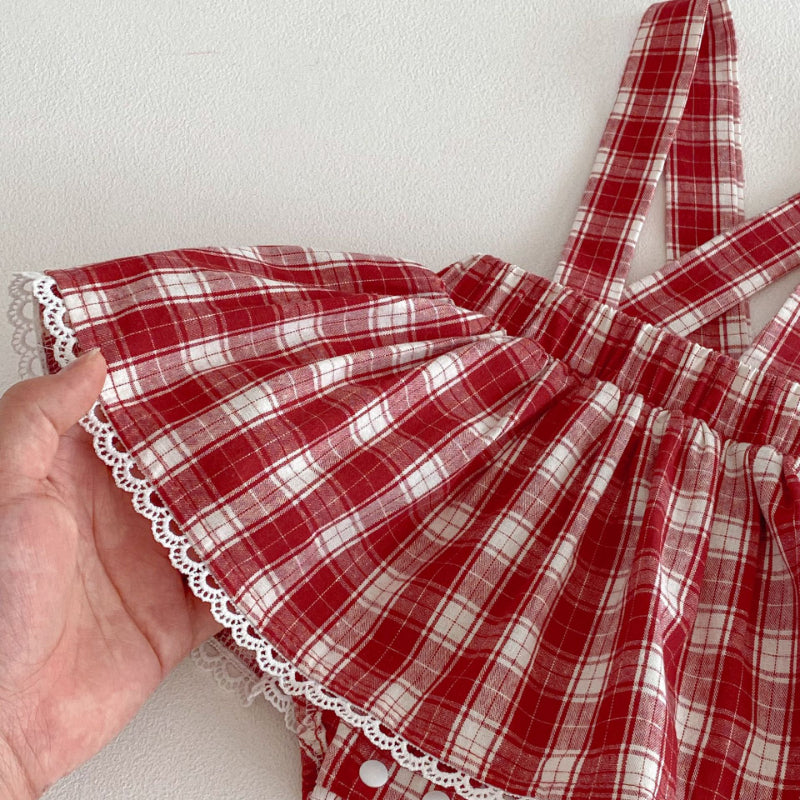 【BABY】チェックサロペットロンパース＆うさぎ刺繍SK103618