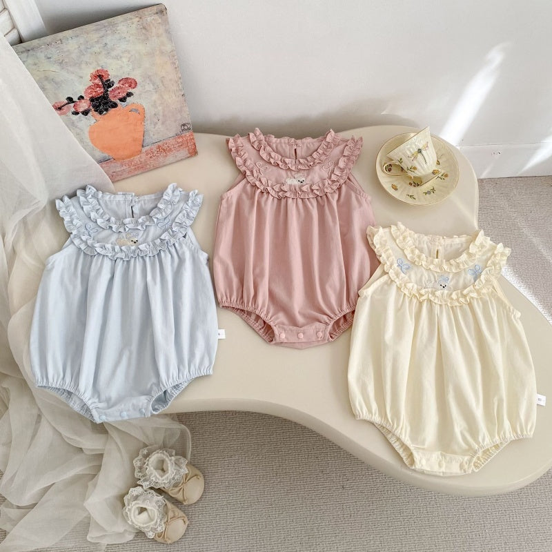 【BABY】夏新作うさぎ刺繍フリルロンパースSK105507