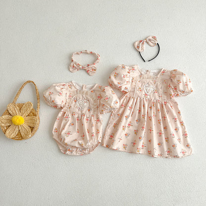 【姉妹服】夏新作 ピンク小花柄ロンパース、ワンピースSK081632