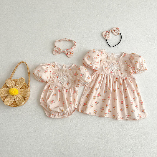 【姉妹服】夏新作 ピンク小花柄ロンパース、ワンピースSK081632