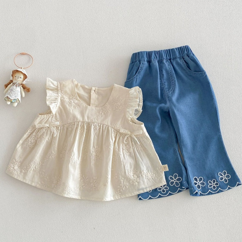 【BABY&KID】夏新作 ジャカードフリルスリーブブラウス、刺繍デニムパンツSK105215