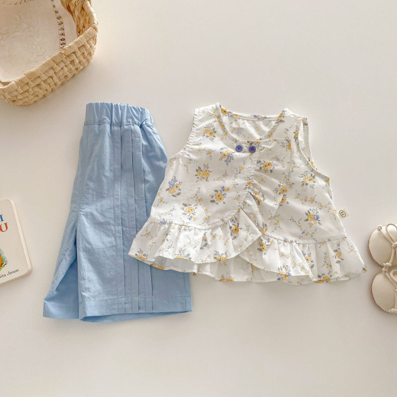 【BABY&KID】夏新作 小花柄トップス＆無地ロングパンツセットSK070206