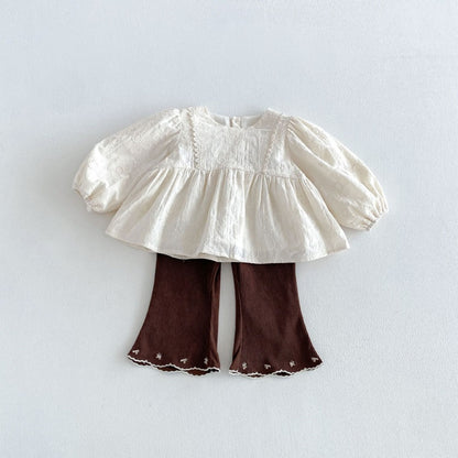 【BABY&KID】パフスリーブシャツ、刺繍サロペット、フレアパンツSK107213