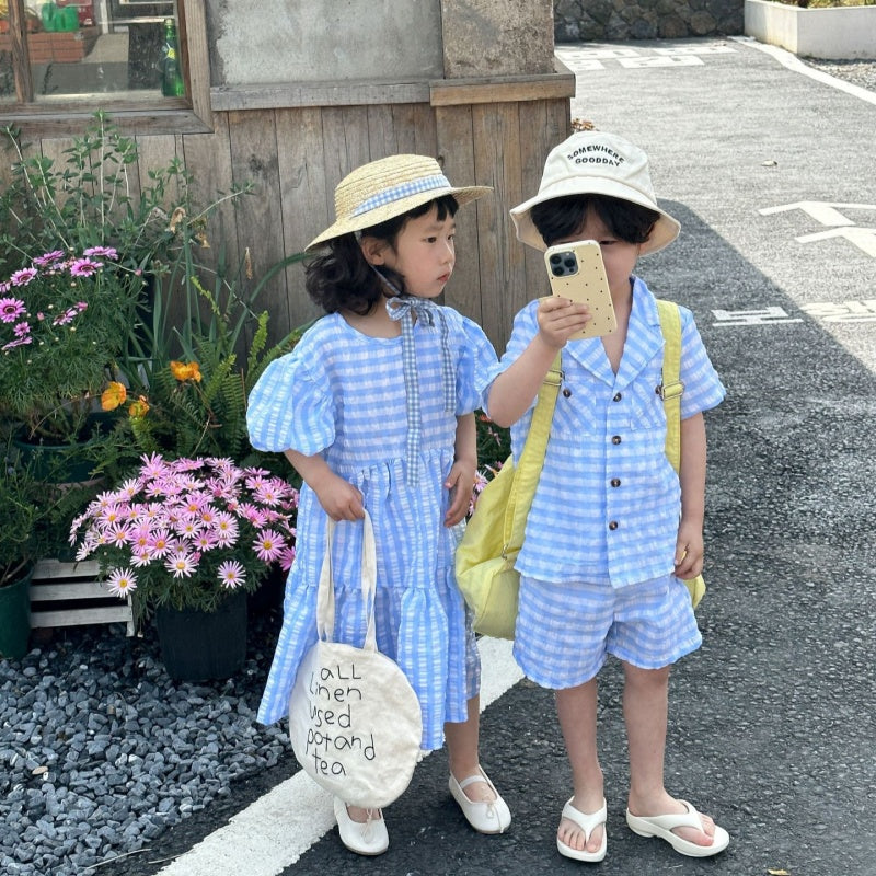 【BABY&KID】夏新作 ブルーチェックセットアップ、ワンピースSK072110