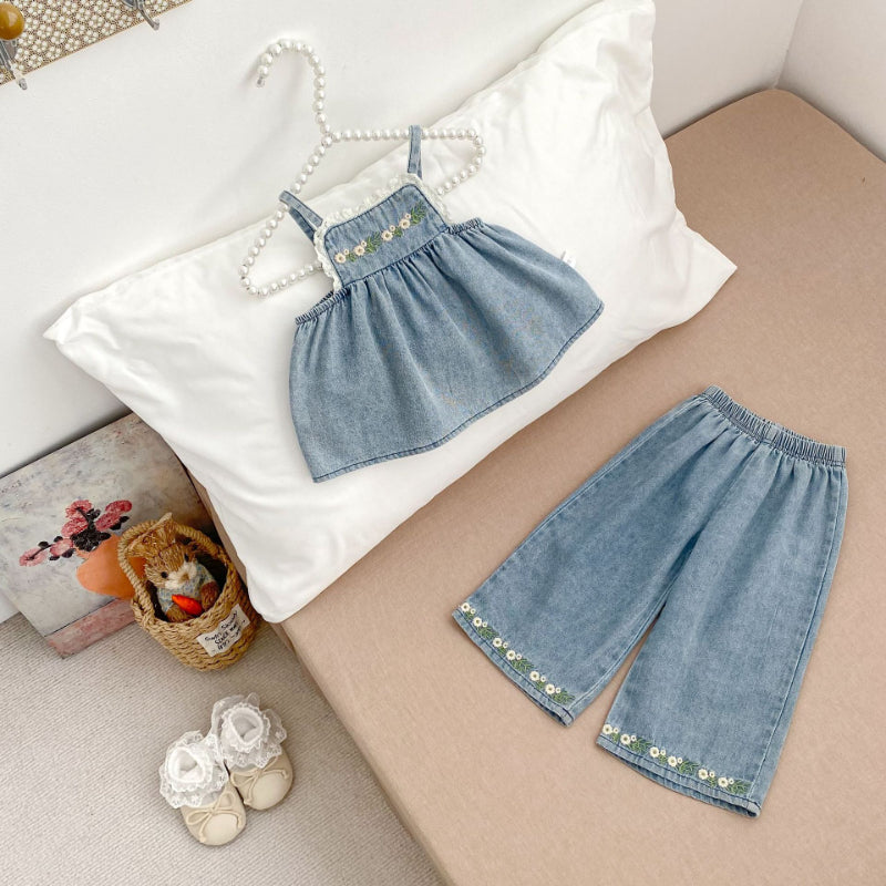【BABY&KID】夏新作 フラワー刺繍デニムセットアップSK081531