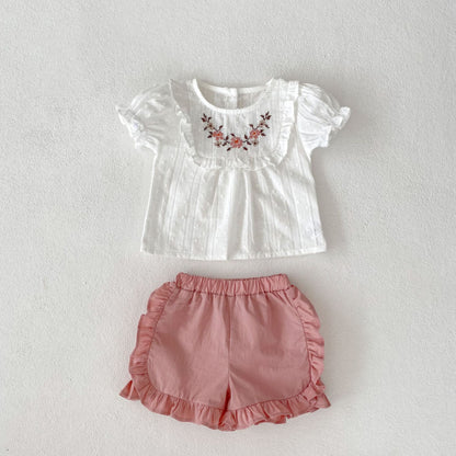 【BABY】夏新作 刺繍入りパフスリーブトップス＆フリルショートパンツセットアップSK071919