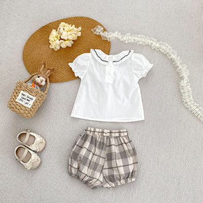 【BABY&KID】夏新作 刺繍フリル襟トップス＆チェックショートパンツSK081524