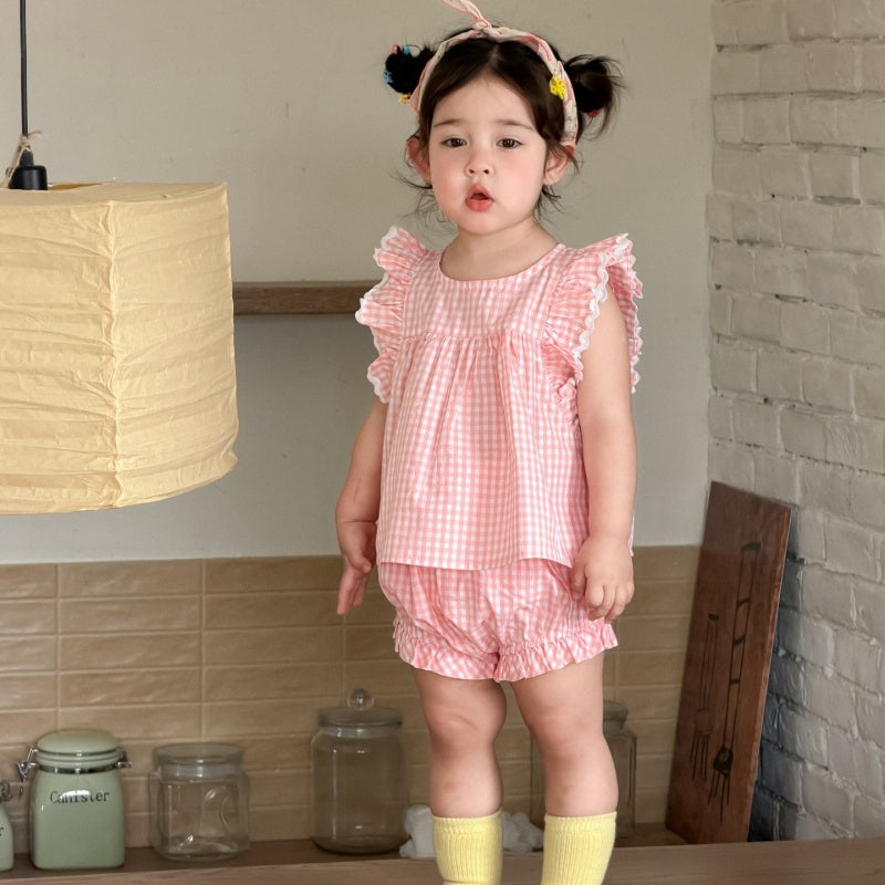 【BABY&KID】夏新作フリルスリーブチェックセットアップSK105713