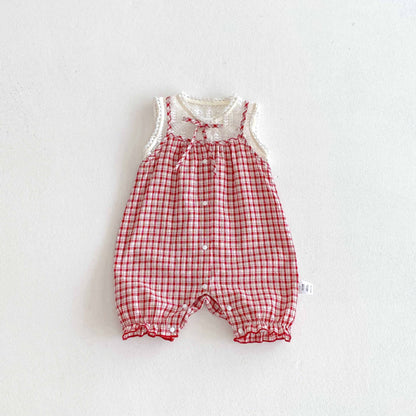 【BABY】夏新作 レース切替チェックロンパースSK071301