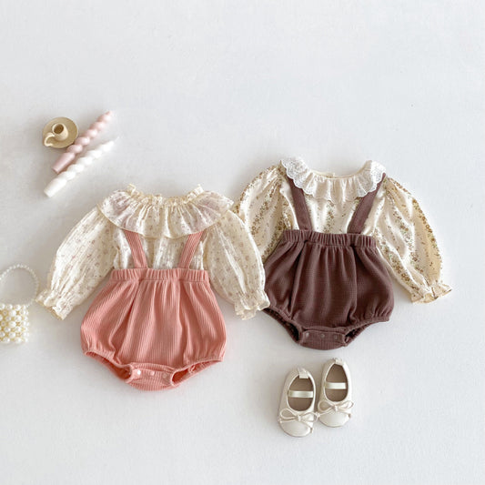 【BABY】フリルカラー花柄トップス＆サロペットロンパースSK102417