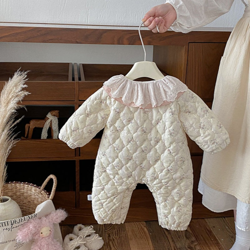 【BABY】冬新作花柄フリル襟キルティング裏起毛カバーオールSK102717