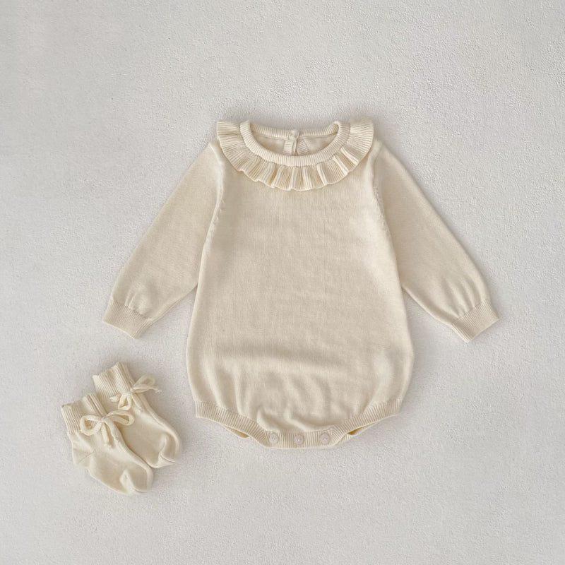 【BABY】フリル襟長袖ニットロンパース、ソックスSK100725