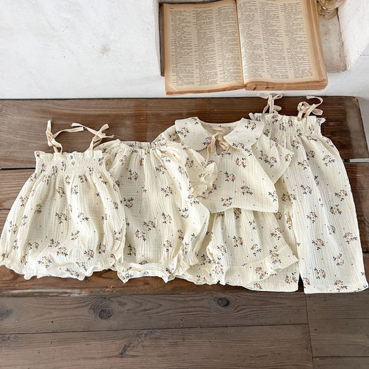 【BABY】コットン花柄半袖ロンパース、キャミロンパース、トップスセット、サロペットSK062112