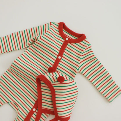 【BABY】細ボーダーカバーオール＆ポンポン帽子セットSK102808