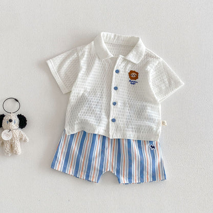 【BABY&KID】夏新作 通気ワッペンシャツ、ストライプショートパンツSK105112