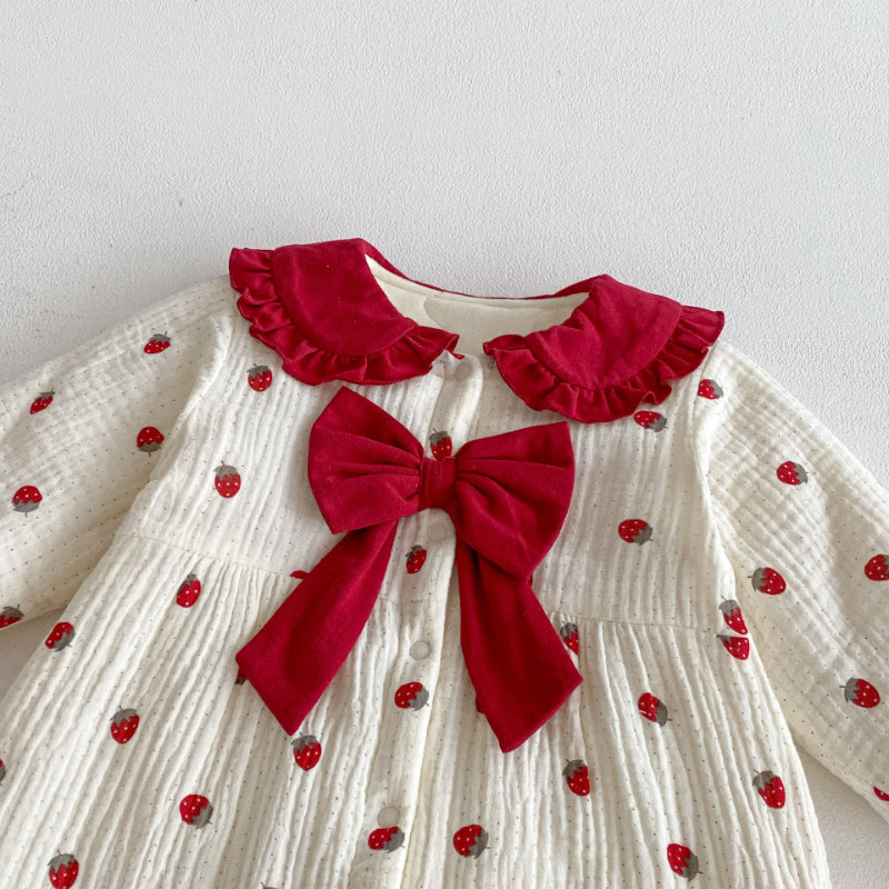 【BABY】冬新作大きなリボン付きいちご裏起毛カバーオールSK102711